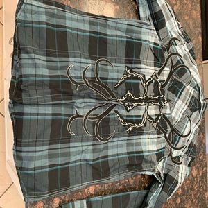 ROAR Mens L Plaid Shirt with Large Embroidery on the Back